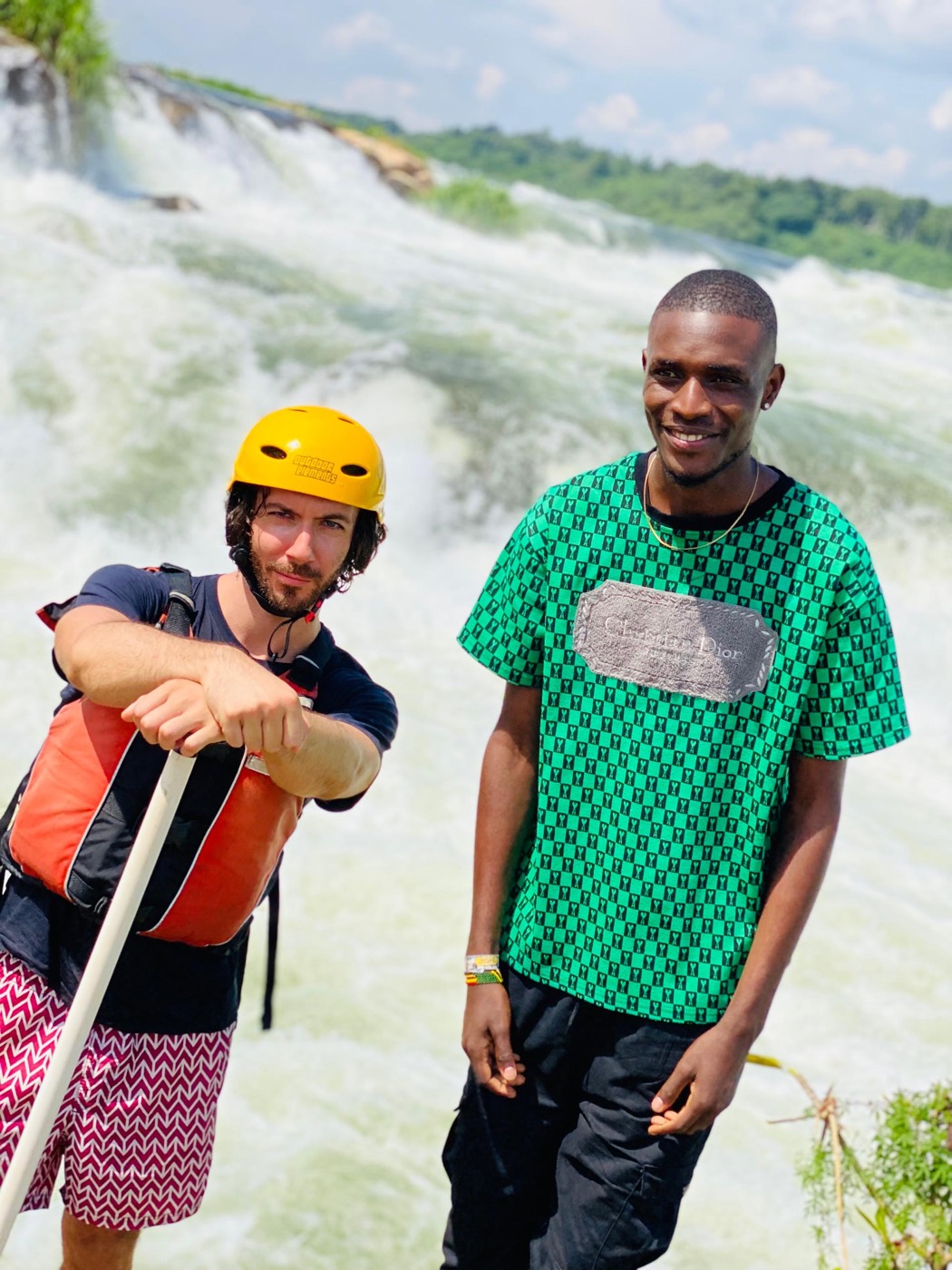 Guide and guest above the rapids of the Nile at Jinja